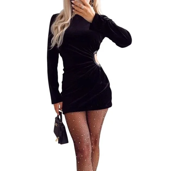 Zara Black Velvet Long Sleeve Mini Dress Womens Small Rhinestone Cutout Baddie - Picture 2 of 12